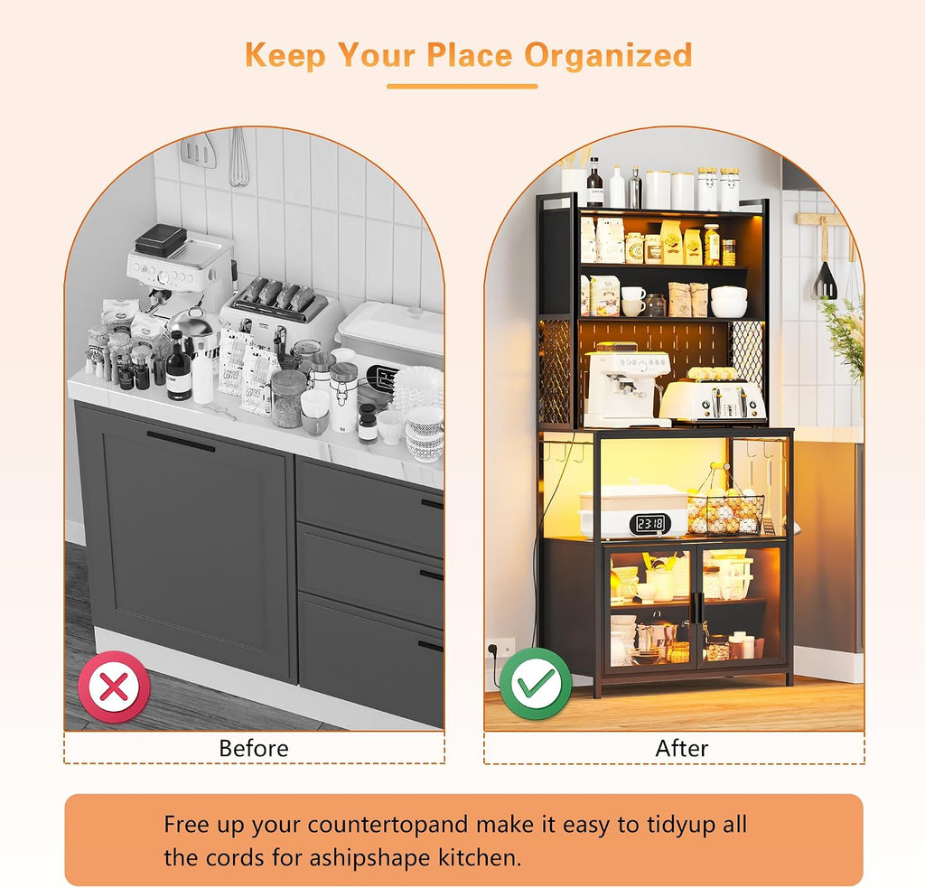 67'' LED Kitchen Pantry Cabinet with Pegboard, 3 Color Dimmable Bakers Rack with Charging Station Adjustable Shelves and Hooks, Microwave Stand with Storage