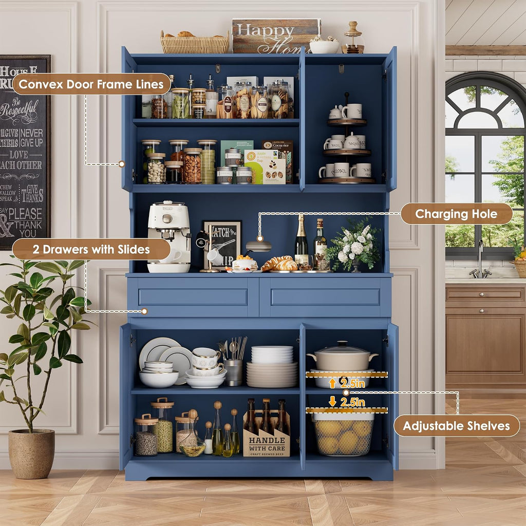 FACBOTALL 74' Pantry Cabinet, Tall Kitchen Pantry Cabinet with 6 Doors and 2 Drawers, Kitchen Hutch with Wide Countertop, Modern Kitchens Cupboard with Adjustable Shelves and Charge Holes, Blue