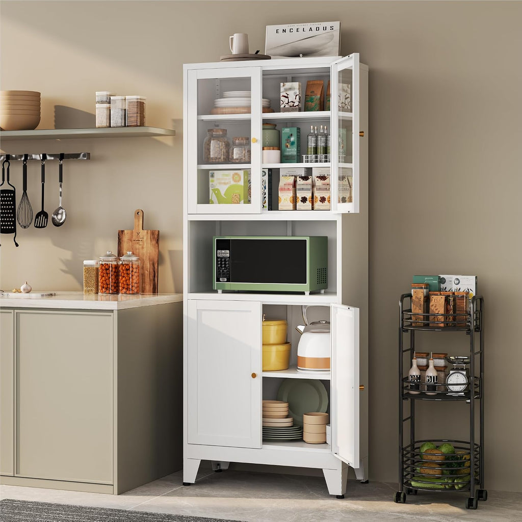 YAUWOH 69' Tall Metal Pantry Cabinet with Microwave Shelf, 2 Glass Doors & 3 Adjustable Shelves, 120LBS Per Shelf Heavy Duty Storage Cabinet with Anti-Tip Design for Kitchen,Dining Room (1PC,White)