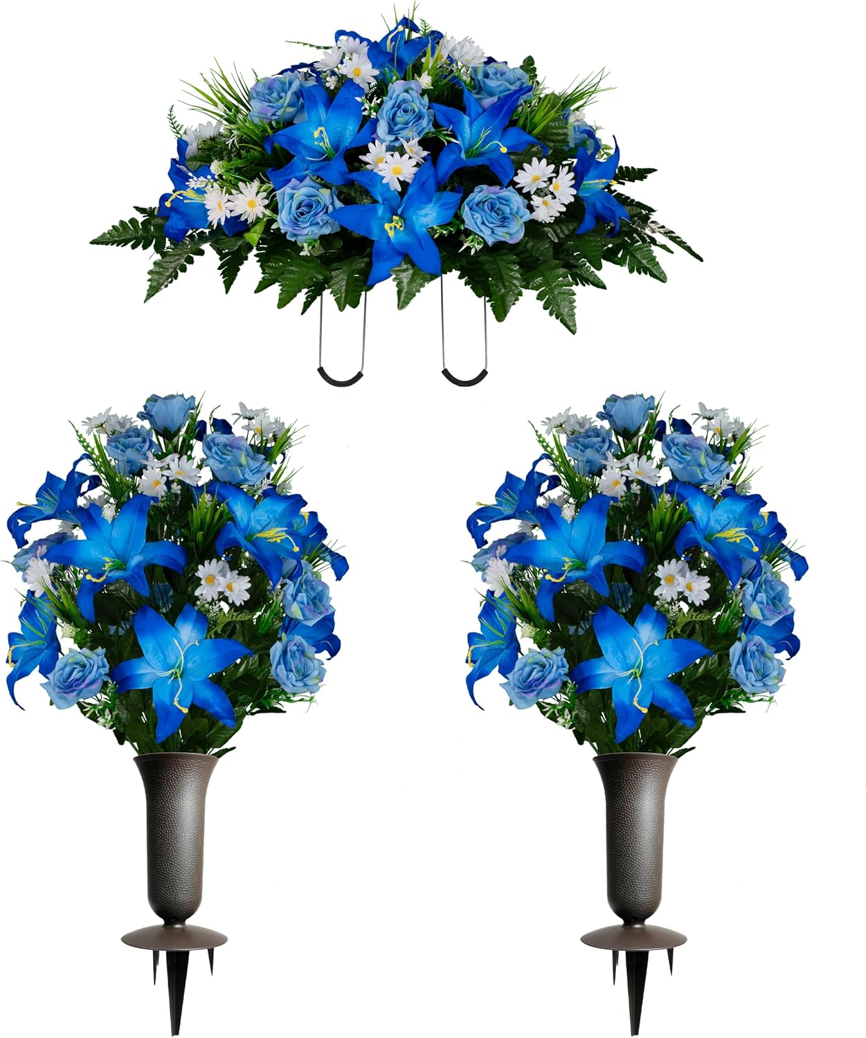 Sympathy Silks Artificial Cemetery Flowers - Gravesite Flowers - Blue Lily and Rose with White Daisies - (1) Headstone Flower Saddle & (2) Matching Bouquet (2) Cemetery Vase Included