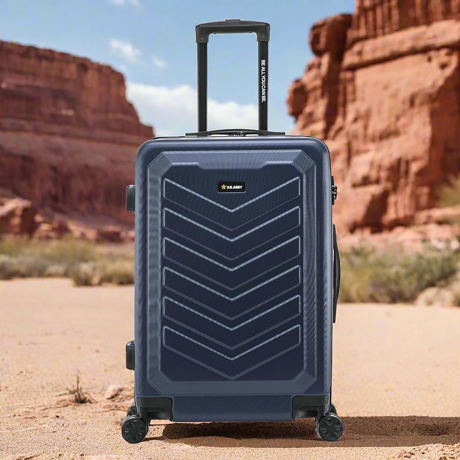 US Army Fox 24 inch Hardside Luggage with Spinner Wheels | Lightweight Medium Suitcase for Shorter Travel | Chevron Icon, Gel Handle, Side Studs, Retractable Trolley, Heavy Duty | Navy Blue