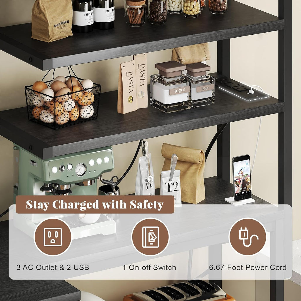 L-Shaped Bakers Rack with Power Outlet, 6-Tier Microwave Stand with Open Storage, Kitchen Shelf with Hooks, Coffee Bar with Wire Basket, Black