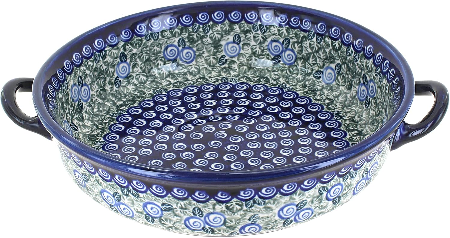Blue Rose Polish Pottery - Green Seaside Swirl Round Casserole with Handles - 10.25' Diameter - Unique, Dishwasher Safe, & Durable Bakeware