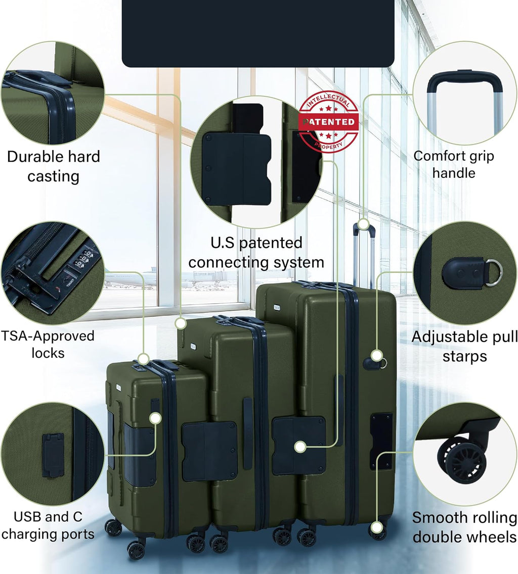 TACH Patented Connecting Hard Shell 3 Piece Luggage Set - 20, 24 & 28 inch Luggage | Carry-On, Medium & Large Rolling Suitcases - Forest Green