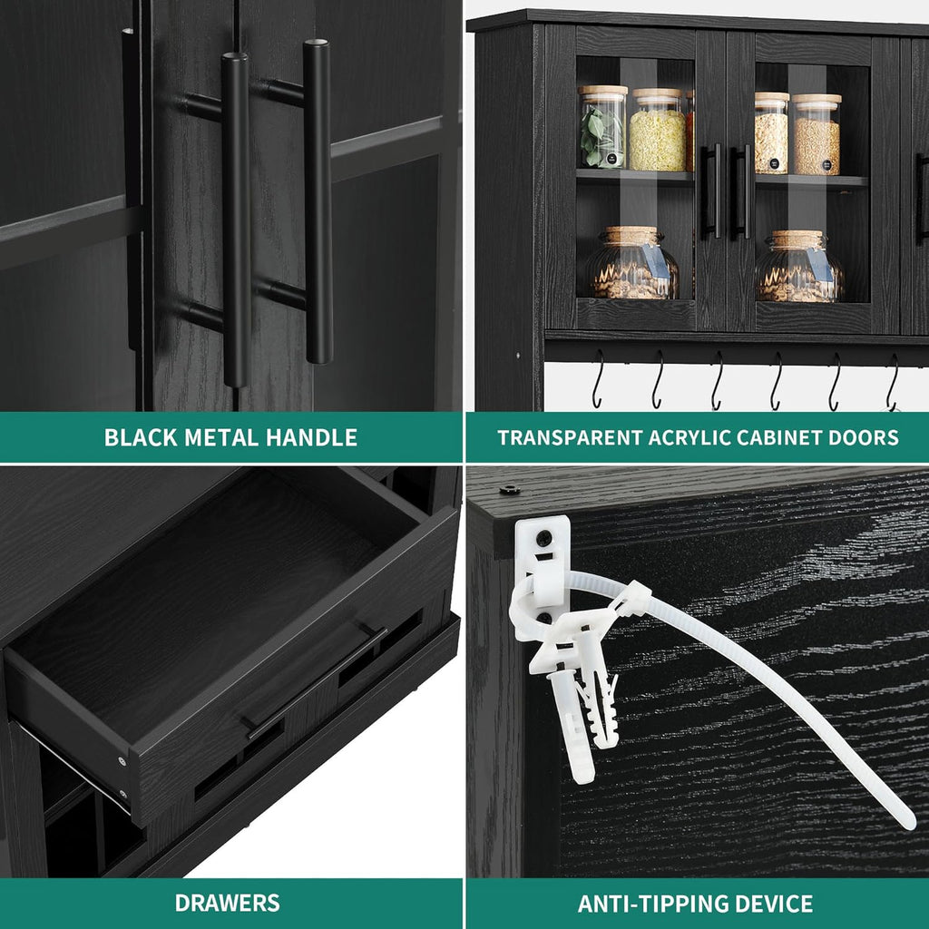 YITAHOME 71'' Kitchen Pantry Storage Cabinet with Microwave Stand, Tall Freestanding Hutch Cabinet with Power Outlet, Pantry Cabinets with Buffet Cupboard, Drawers and Acrylic Doors for Home, Black