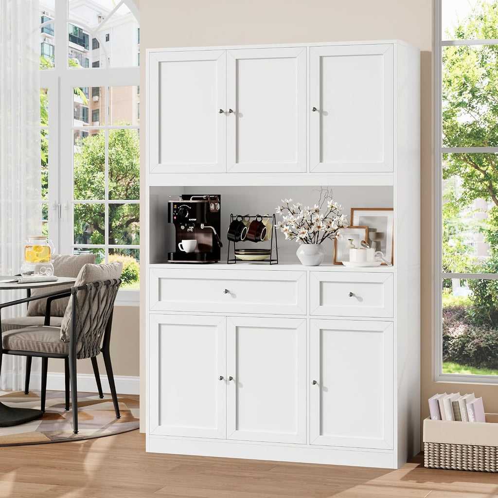 BOTLOG 72' Kitchen Pantry Cabinet, Kitchen Hutch with Microwave Stand, Buffet Cabinet with Hutch for Dining Room, White