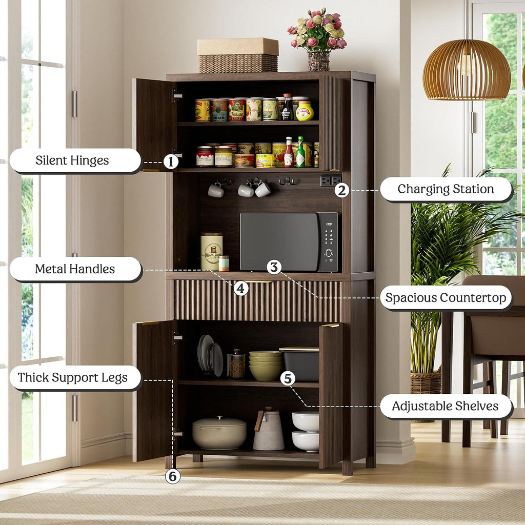 Lulive 71' Fluted Pantry Cabinet with Charging Station & Adjustable Shelves, Spacious Kitchen Storage Cabinet with Open Countertop & Drawer for Dining Room, Living Room, Brown