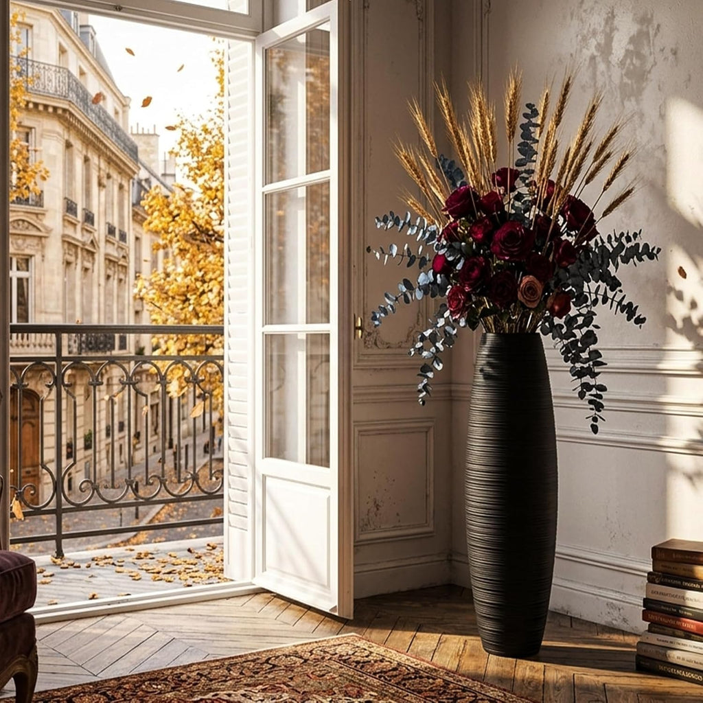 Large Floor Vase 35.4' Matte Black, Resin Wide-Body Vase with Horizontal Ribbed Texture for Dried Pampas Grass Branches, Modern Home Decor for Living Room Corner Entryway
