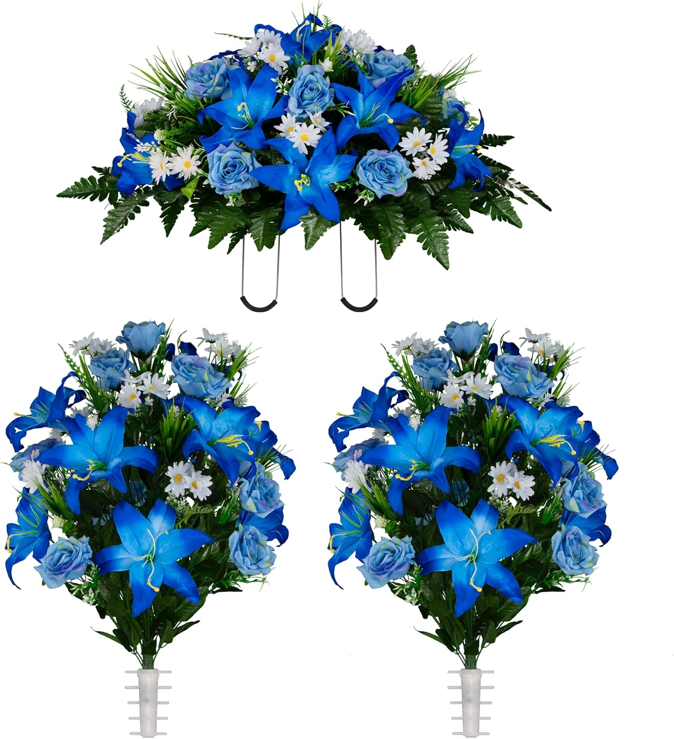 Sympathy Silks Artificial Cemetery Flowers - Gravesite Flowers - Blue Lily and Rose with White Daisies - (1) Headstone Flower Saddle & (2) Matching Bouquet
