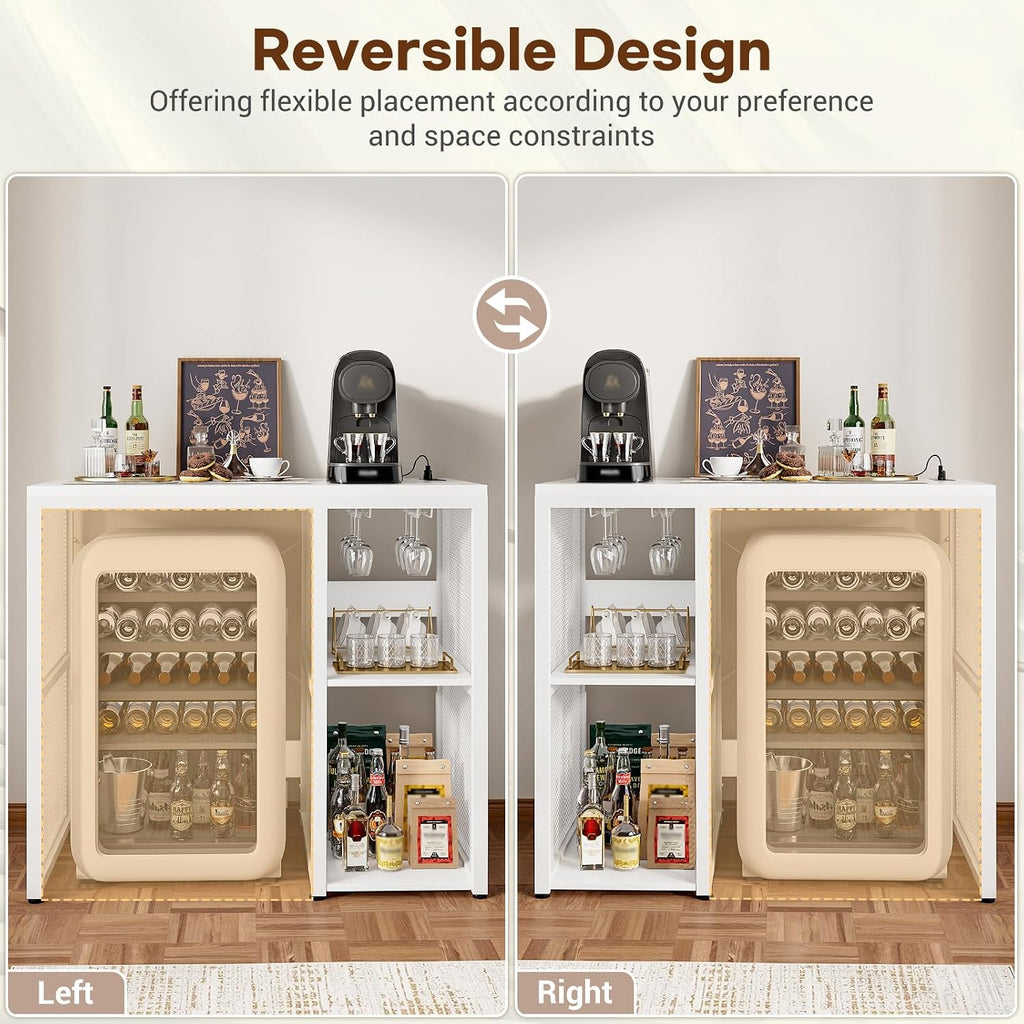 Homieasy Mini Fridge Cabinet with Power Outlet, Coffee Bar Cabinet with Mini Fridge Space, Industrial Liquor Cabinet with Wine Storage & Glass Holder for Dorm, Living Room, Home Kitchen, White