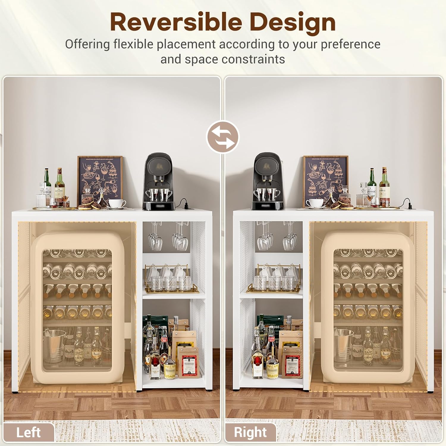 Homieasy Mini Fridge Cabinet with Power Outlet, Coffee Bar Cabinet with Mini Fridge Space, Industrial Liquor Cabinet with Wine Storage & Glass Holder for Dorm, Living Room, Home Kitchen, White