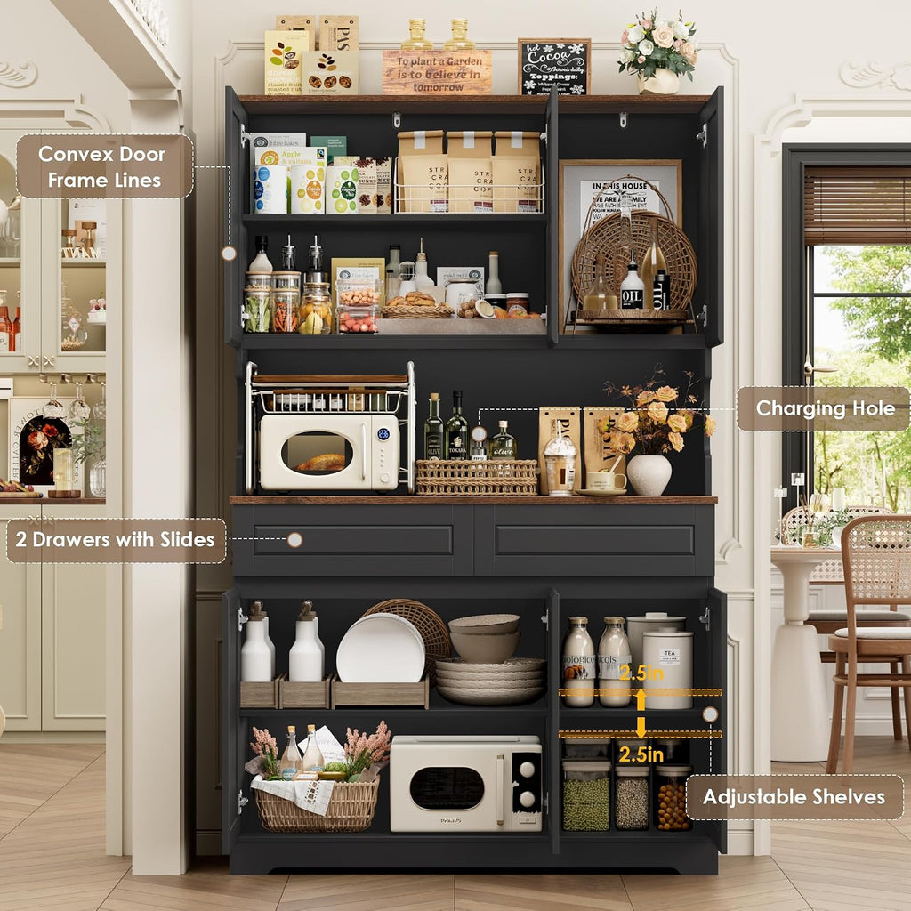 FACBOTALL 74' Pantry Cabinet, Tall Kitchen Pantry Cabinet with 6 Doors and 2 Drawers, Kitchen Hutch with Wide Countertop, Modern Kitchens Cupboard with Adjustable Shelves and Charge Holes, Black