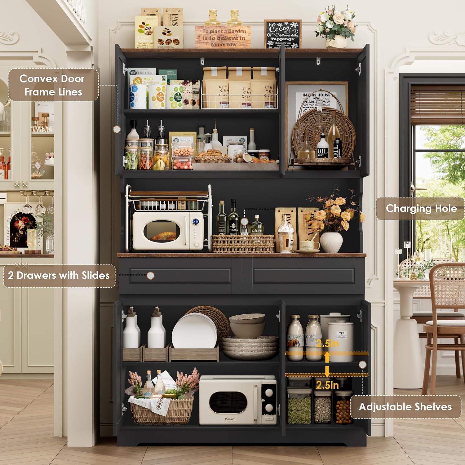 FACBOTALL 74' Pantry Cabinet, Tall Kitchen Pantry Cabinet with 6 Doors and 2 Drawers, Kitchen Hutch with Wide Countertop, Modern Kitchens Cupboard with Adjustable Shelves and Charge Holes, Black
