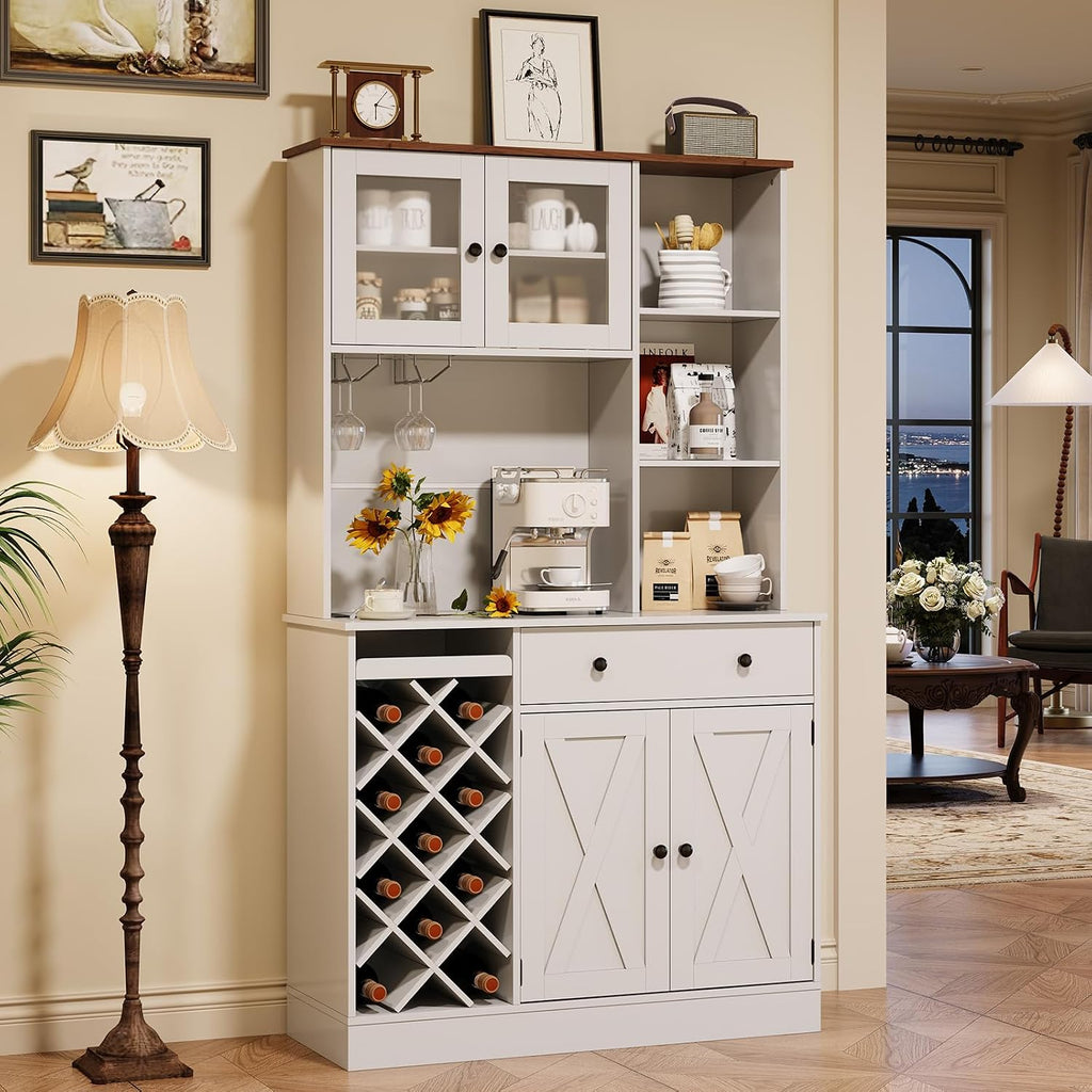 Coffee Bar Cabinet with Power Outlet & Exquisite Barn Doors, 72'' Sideboard Buffet Cabinet with Wine Bottle Rack, Large Kitchen Buffet with Storage and Wine Rack for Kitchen, Dining Room, Living Room