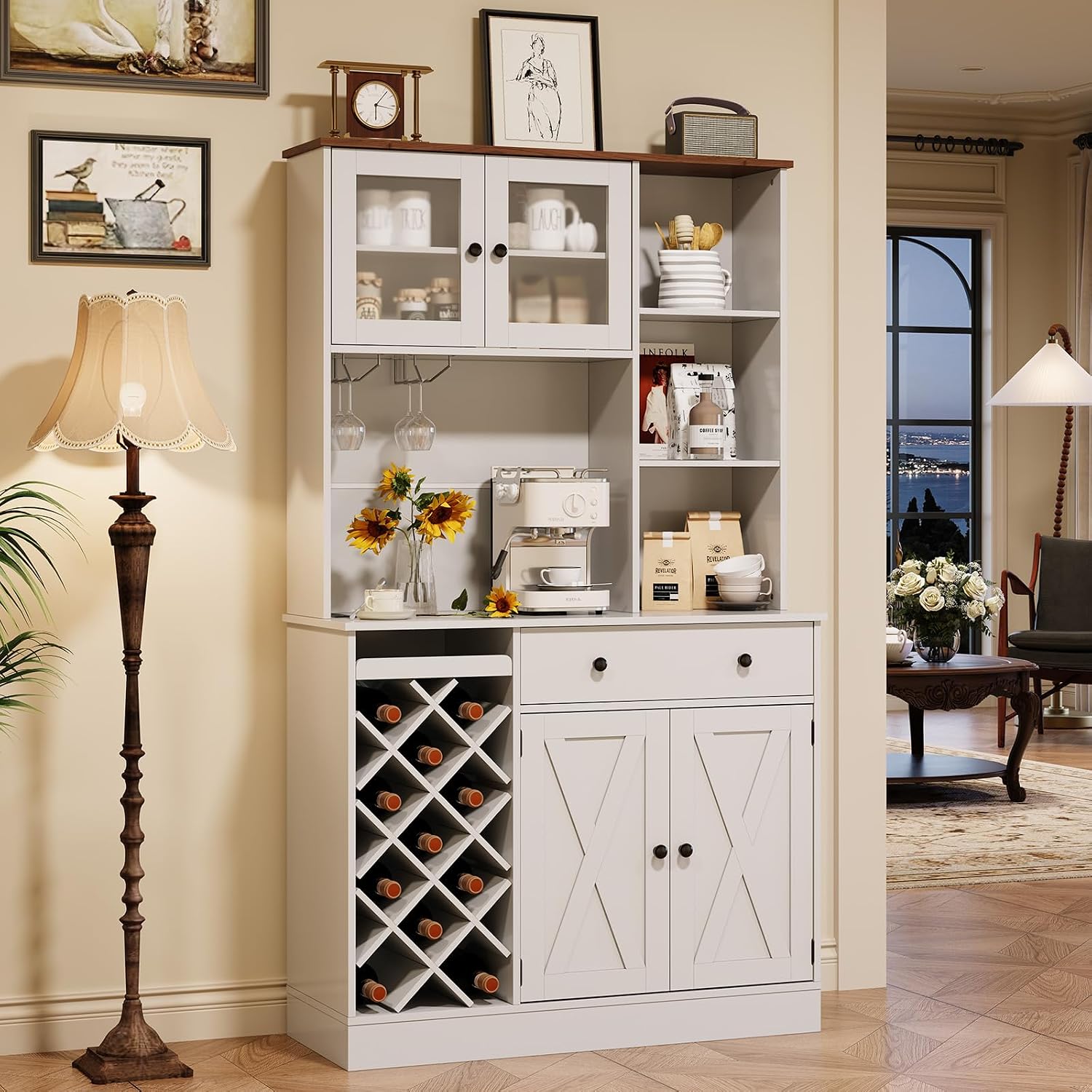 Coffee Bar Cabinet with Power Outlet & Exquisite Barn Doors, 72'' Sideboard Buffet Cabinet with Wine Bottle Rack, Large Kitchen Buffet with Storage and Wine Rack for Kitchen, Dining Room, Living Room