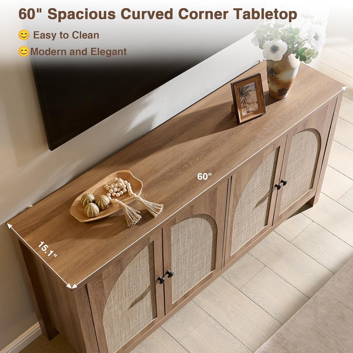 Okvnbjk Rattan Buffet Cabinet with Storage - 4 Soft-Close Doors Sideboard for Dining Room & Living Room, Coffee Bar Cabinet with Adjustable Shelves