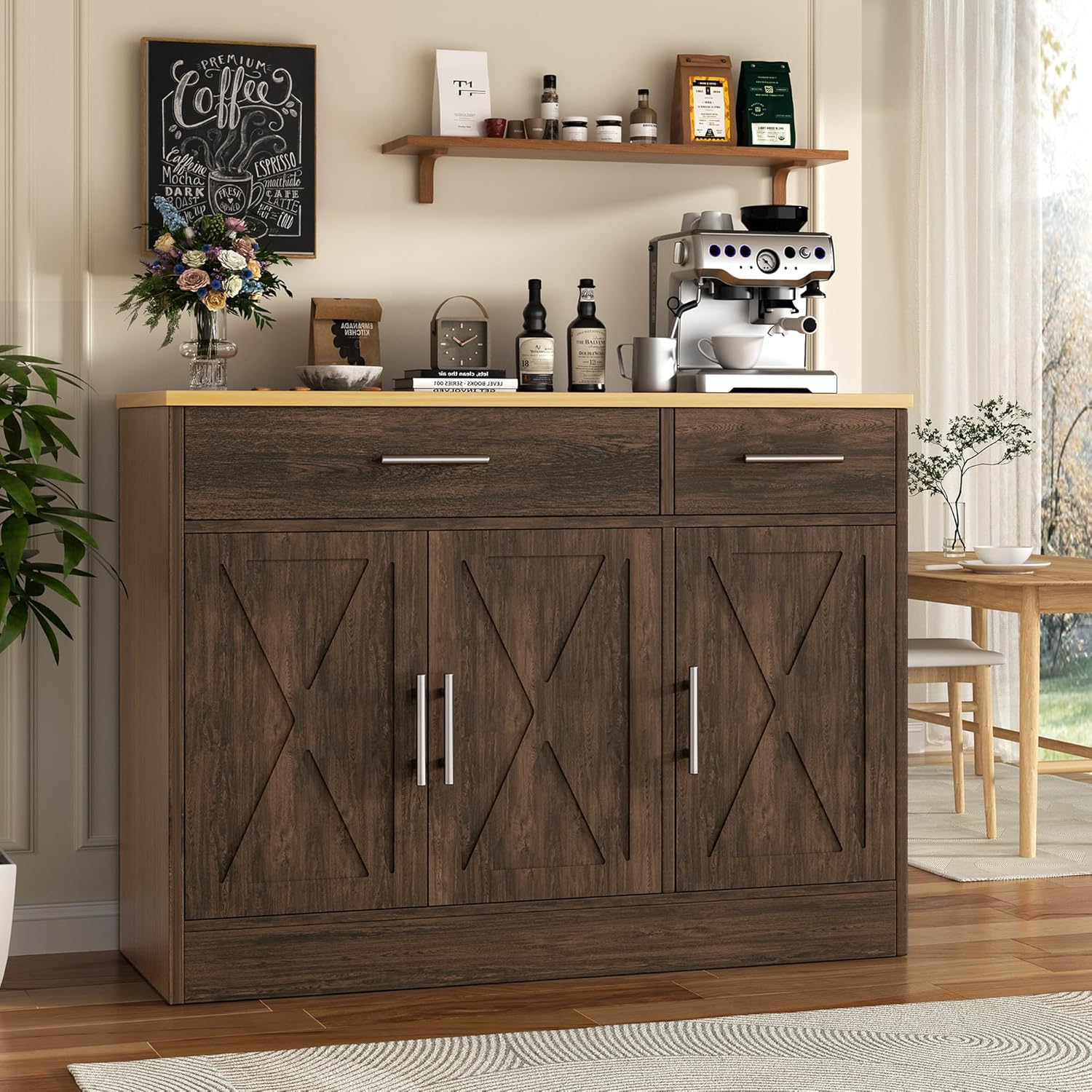 Vongrasig Sideboard Buffet Cabinet with Storage, 43' Farmhouse Coffee Bar Storage Cabinet with Drawers and Shelves, Modern Buffet Table for Kitchen, Dining Room, Rustic Brown