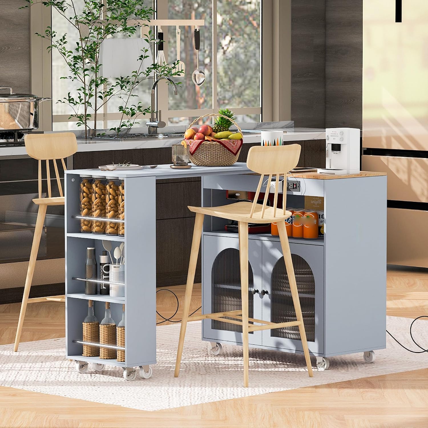 Rolling Kitchen Island W/Extended Table, Kitchen Island On Wheels with LED Lights,Power Outlets and 2 Fluted Glass Doors,Kitchen Island with a Storage Compartment&Side 3 Open Shelves (Light blue )