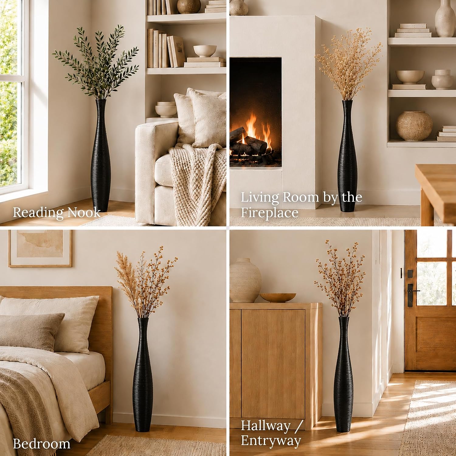 Leewadee Large Black Home Decor Floor Vase - Wooden 34 inch Tall Farmhouse Decor Flower Holder for Fake Plant and Pampas Grass