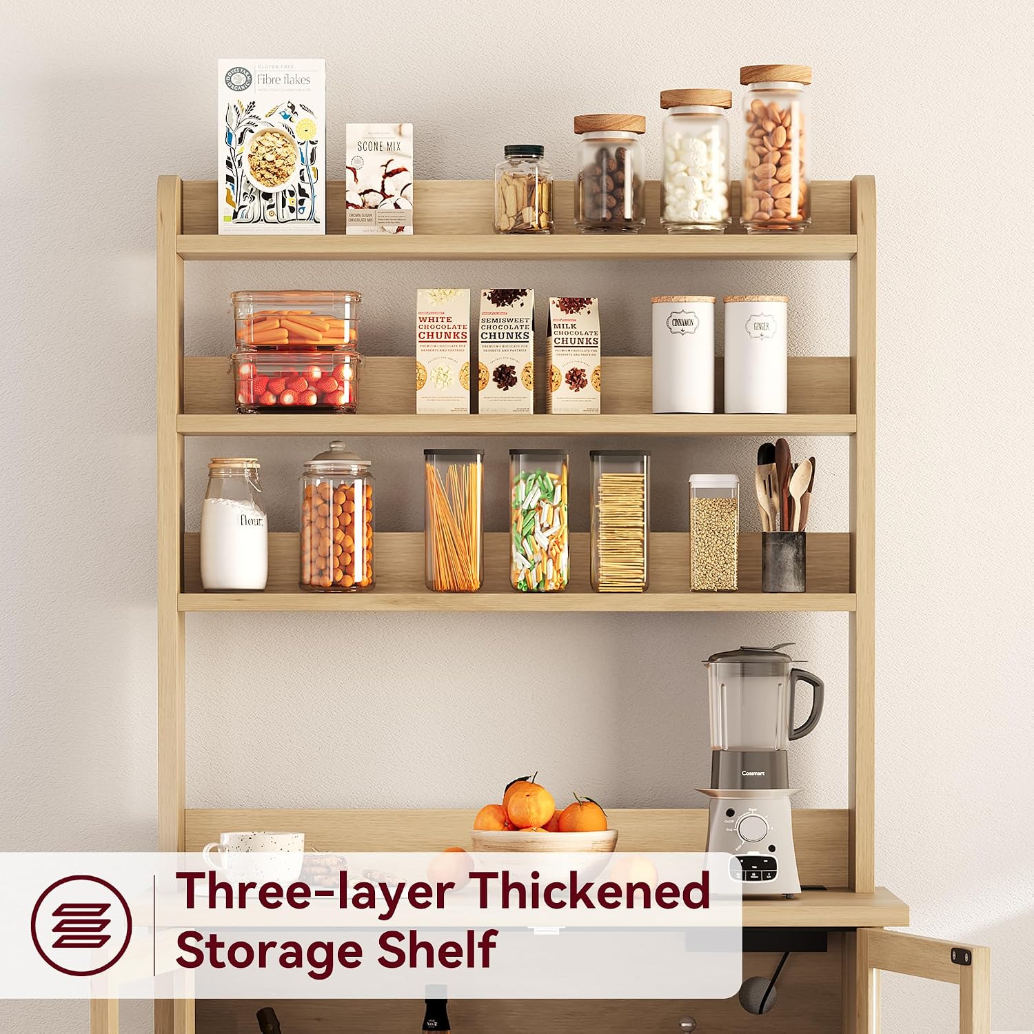 Bakers Rack with Storage Cabinet, Farmhouse Microwave Stand with Power Outlets & Glass Doors, Small Kitchen Bakers Rack with Thick Table Top, Coffee Bar Station, Retro Brown