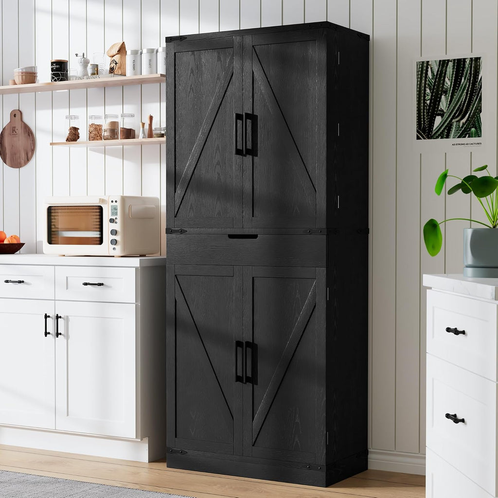 GRUSIGN 72' Tall Storage Cabinet, Kitchen Pantry Cabinet with Adjustable Shelves & Sturdy Steel Frame, Farmhouse Pantry Storage with 4 Barn Doors for Kitchen, Dining Room, and Living Room, Black