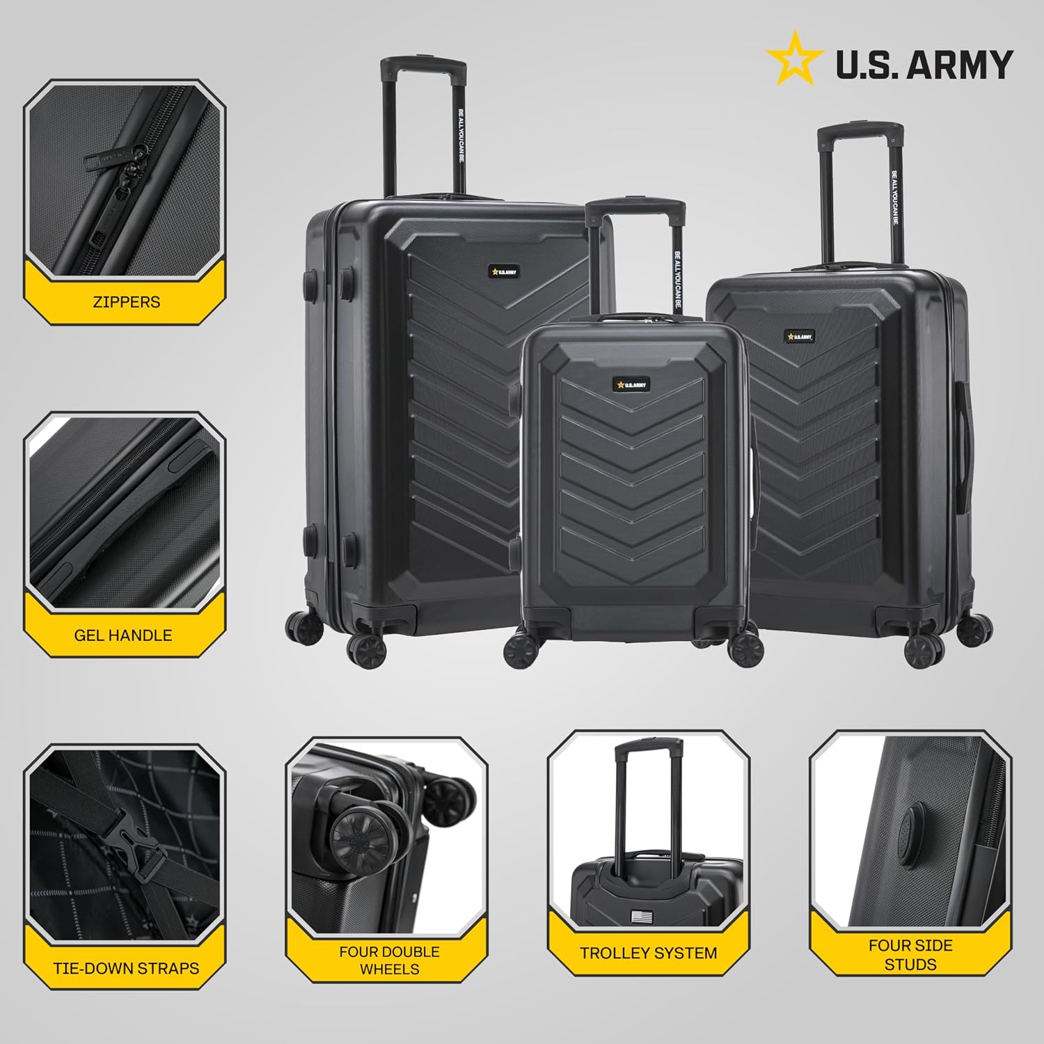 US ARMY FOX 3 Pcs Set Hardshell Luggage with Spinner Wheels | 20, 24, 28 inch Lightweight Travel Suitcase, Chevron Icon, Gel Handle, Retractable Trolley, Side Studs | Black