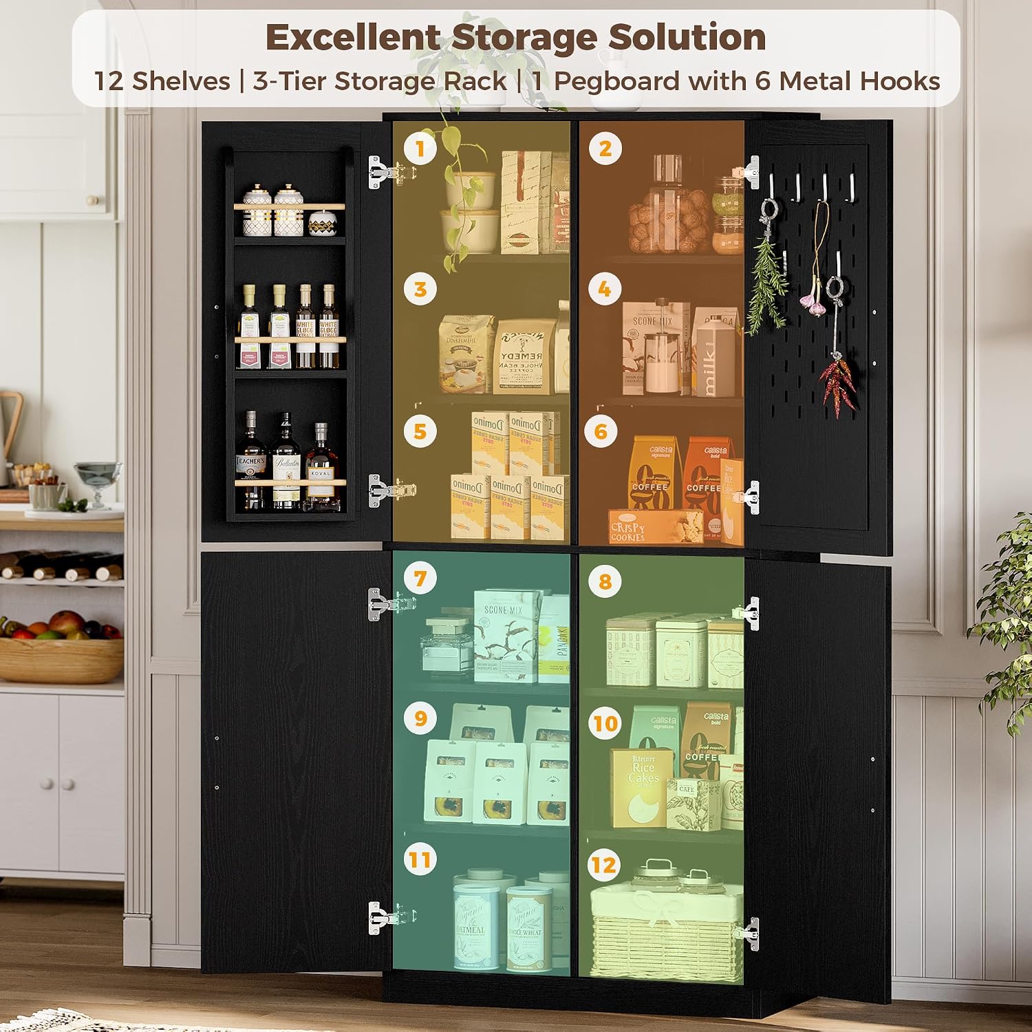 IRONCK 71' Kitchen Pantry Storage Cabinet with Storage Rack, Pegboard Doors, 4 Adjustable Shelves, Food Pantry Cabinet, Freestanding Tall Cupboard for Dining Room, Kitchen, Black