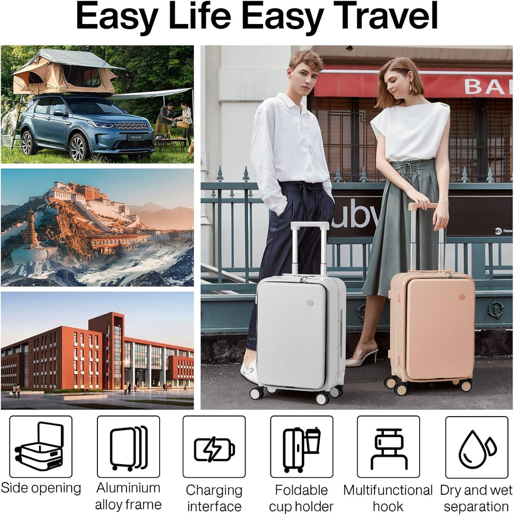 mixi Carry On Luggage with Cup Phone Holder and Charger Hard Shell Suitcases with Spinner Wheels,20 Inch Light Pink