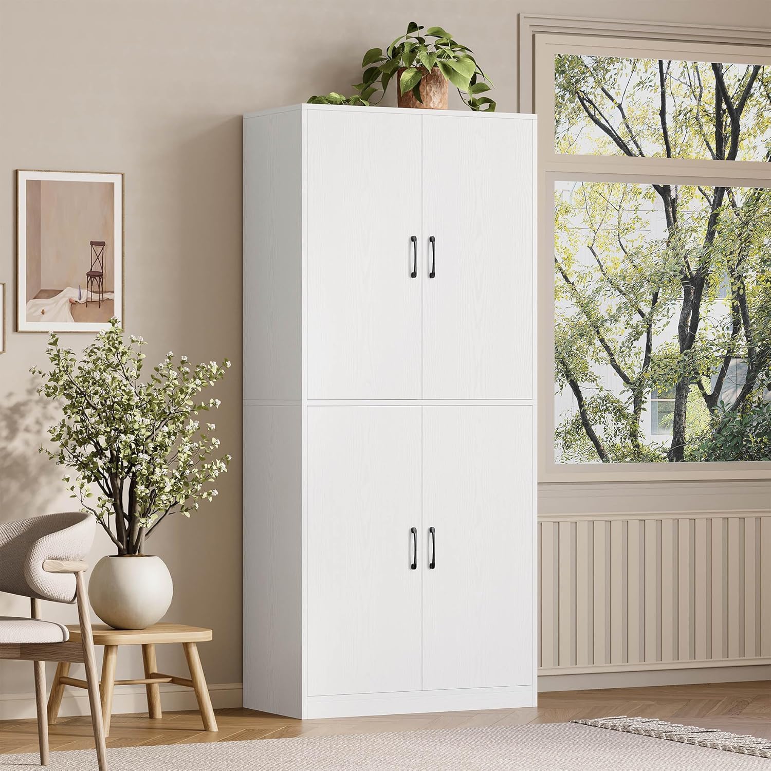 IRONCK 71' Kitchen Pantry Storage Cabinet with Storage Rack, Pegboard Doors, 4 Adjustable Shelves, Food Pantry Cabinet, Freestanding Tall Cupboard for Dining Room, Kitchen, White