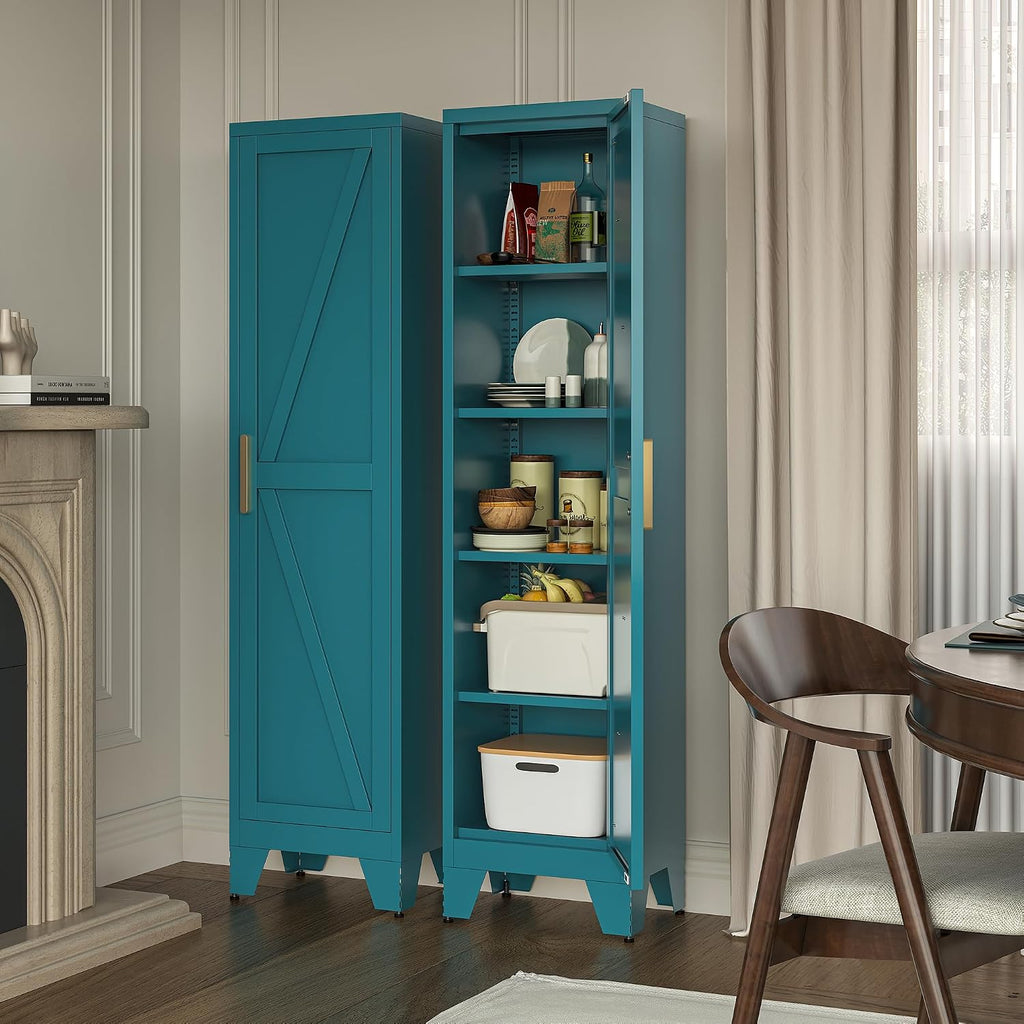 LCAOPC 67' Tall Narrow Bathroom Metal Storage Cabinet with 4 Adjustable Shelves, Freestanding 5 Tier Slim Pantry Storage Cabinet for Small Space, Peacock