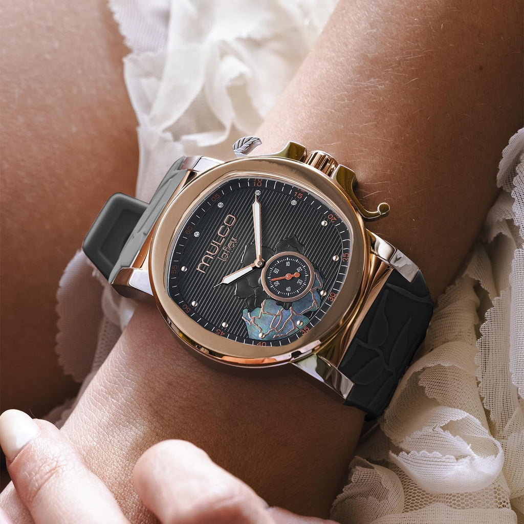 MULCO Le Fleur Gardenia Women's Watch – 43 mm Stainless-Steel Case, Rose-Gold Bezel, Mother-of-Pearl Dial with Crystal Accents, Pure Silicone Strap, Quartz Multifunction Movement, 10 ATM Waterproof
