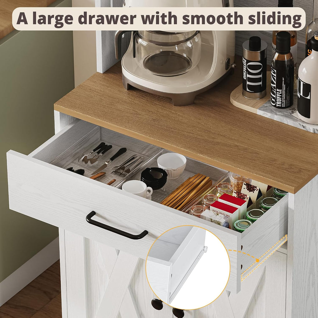 IRONCK Bakers Rack Microwave Stand with Customizable Pegboard and Storage, 71' Farmhouse Coffee Bar Cabinet with Drawer, Barn Doors, Adjustable Shelves for Kitchen, Dining Room, 23.6' White