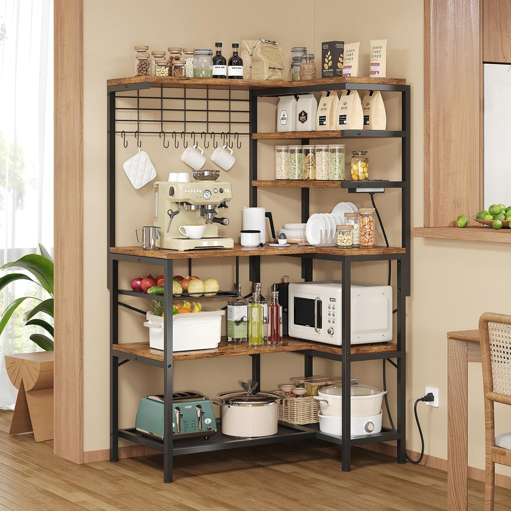L-Shaped Bakers Rack with Power Outlet, 6-Tier Microwave Stand with Open Storage, Kitchen Shelf with Hooks, Coffee Bar with Wire Basket, Rustic Brown and Black