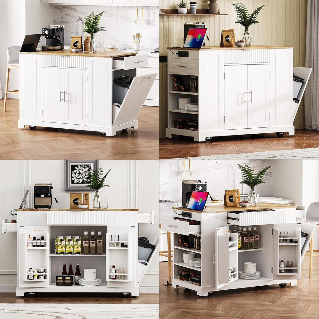 Fluted Kitchen Island with Trash Can Storage Cabinet, Kitchen Island Cart with 3 Drawer, 3 Open Side Racks for 10 Gallon Garbage Bin, Rolling Island with Power Outlet&Internal Storage Rack, White