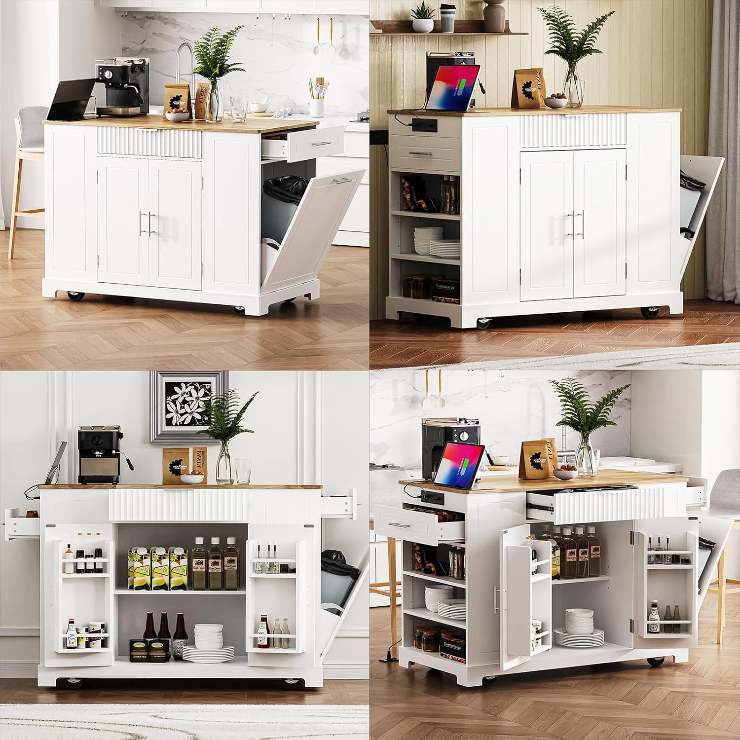 Fluted Kitchen Island with Trash Can Storage Cabinet, Kitchen Island Cart with 3 Drawer, 3 Open Side Racks for 10 Gallon Garbage Bin, Rolling Island with Power Outlet&Internal Storage Rack, White
