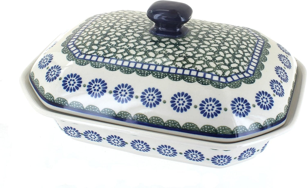 Blue Rose Polish Pottery - Green Maia Medium Covered Baker - 3 Cup Capcaity - Unique, Dishwasher Safe, & Durable Bakeware