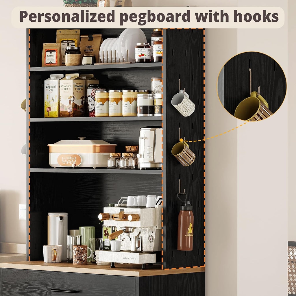 IRONCK Bakers Rack Microwave Stand with Customizable Pegboard and Storage, 71' Farmhouse Coffee Bar Cabinet with Drawer, Barn Doors, Adjustable Shelves for Kitchen, Dining Room, Living Room, Black