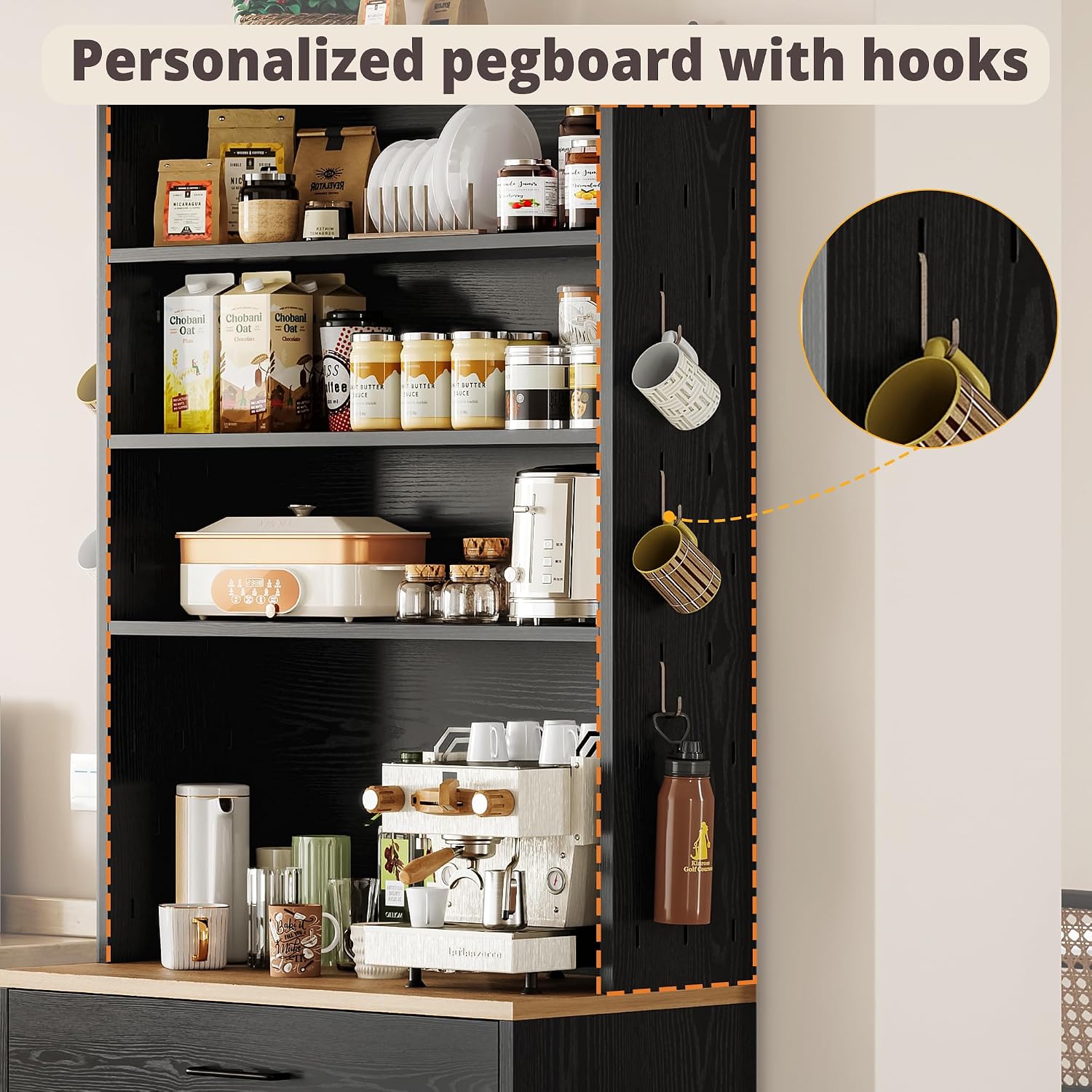 IRONCK Bakers Rack Microwave Stand with Customizable Pegboard and Storage, 71' Farmhouse Coffee Bar Cabinet with Drawer, Barn Doors, Adjustable Shelves for Kitchen, Dining Room, Living Room, Black