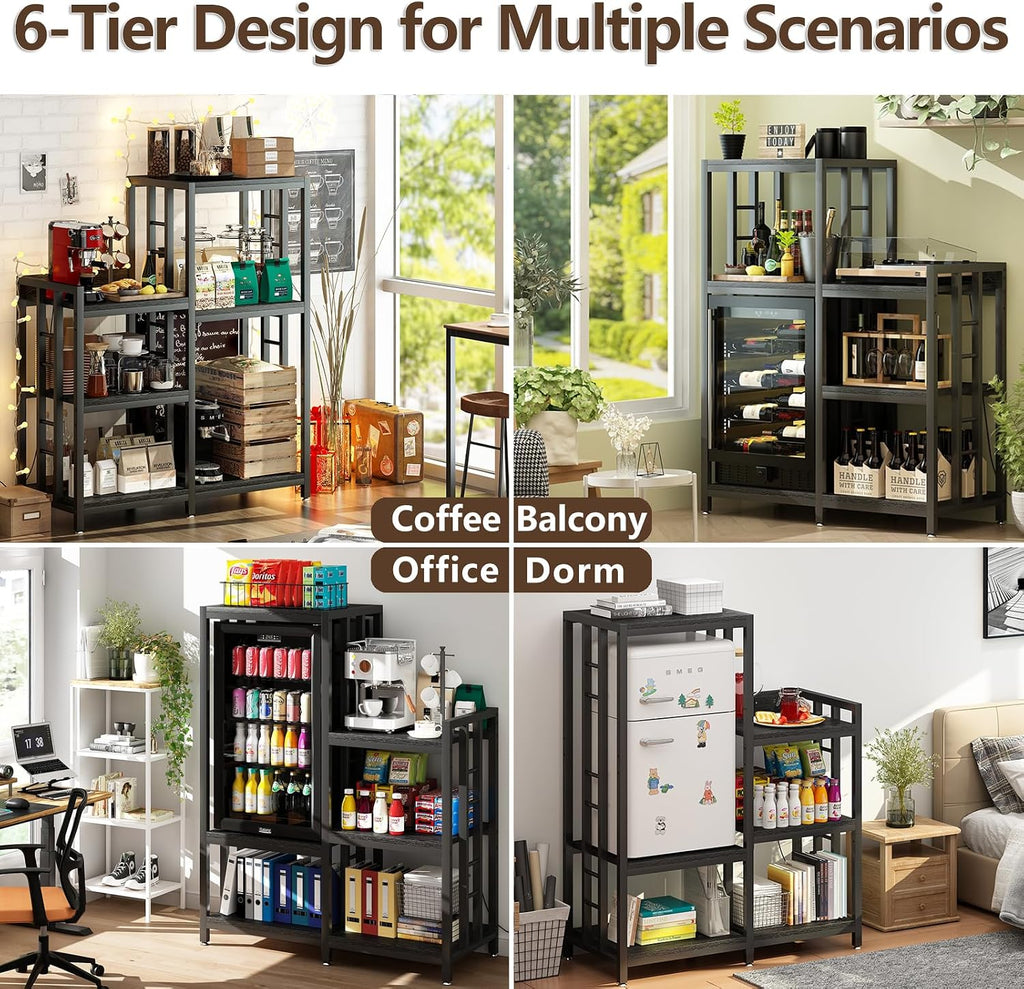 METYERRY Adjustable Mini Fridge Cabinet with Power Outlet,Kitchen Bakers Rack with Storage,Mini Fridge and Microwave Stand, Suitable for Office,Coffee Bar,Living Room, Dorm,Patio,Black