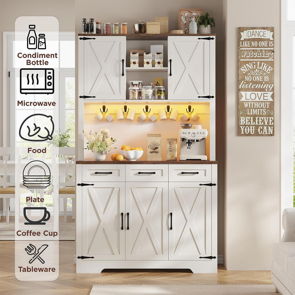 70.9' Tall Kitchen Pantry Cabinet with LED Light & Charging Station, Farmhouse Kitchen Hutch with Large Countertop & 10 Hooks, Kitchen Cabinet Storage with Drawers for Living Room, Dining Room, White