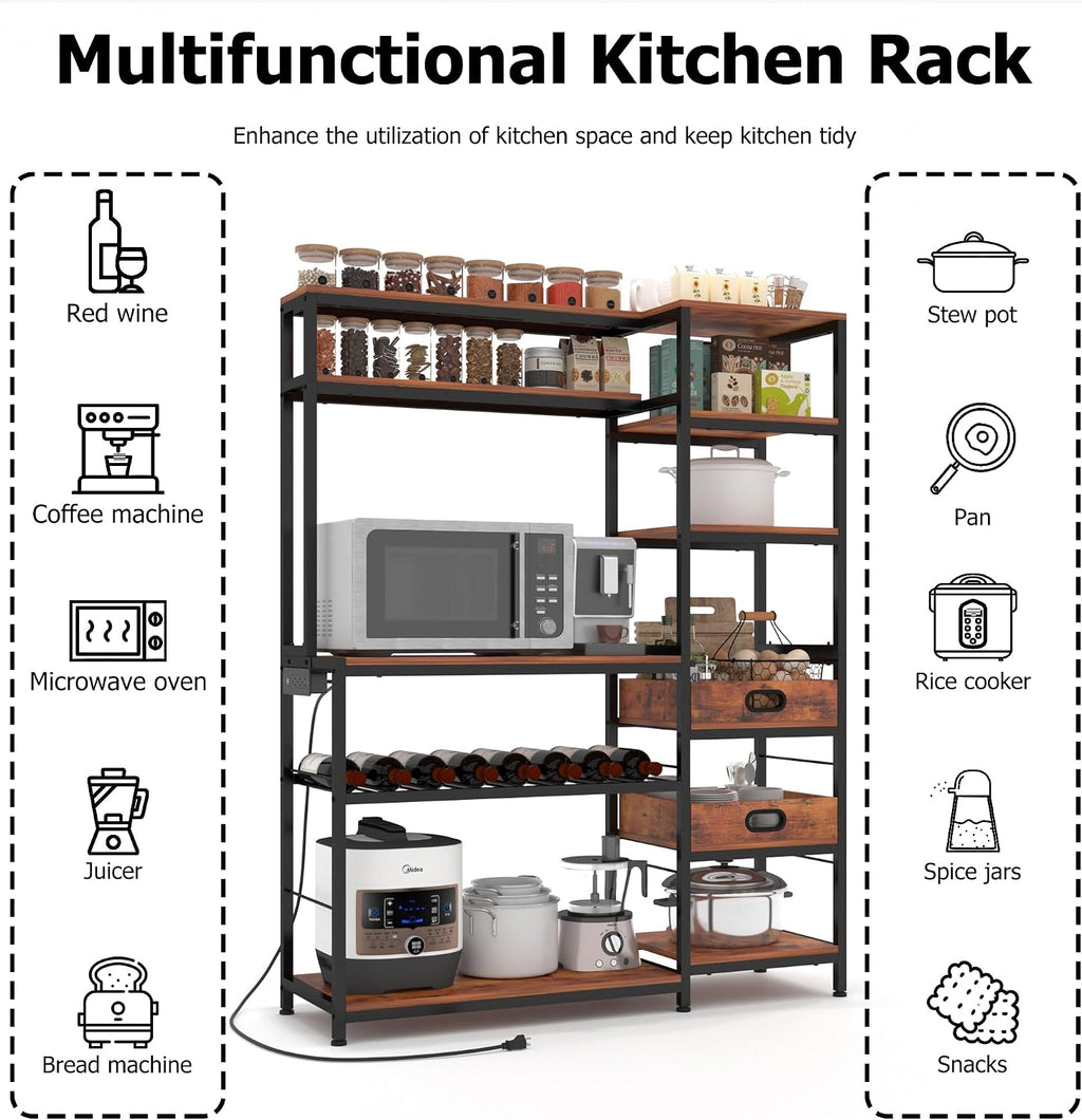 Large Bakers Rack with Power Outlet,49.6 Inch Farmhouse Coffee Bar with Tray, Kitchen Microwave Stand with Storage, Shelf Rack(Rustic Brown)