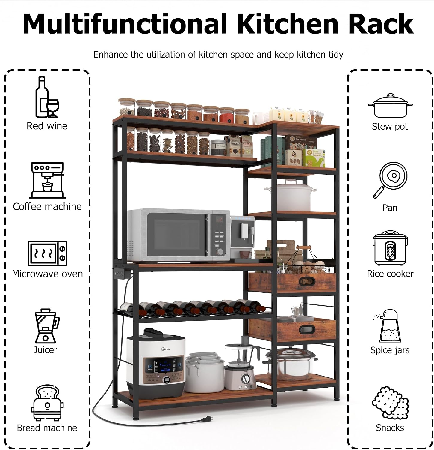 Large Bakers Rack with Power Outlet,49.6 Inch Farmhouse Coffee Bar with Tray, Kitchen Microwave Stand with Storage, Shelf Rack(Rustic Brown)