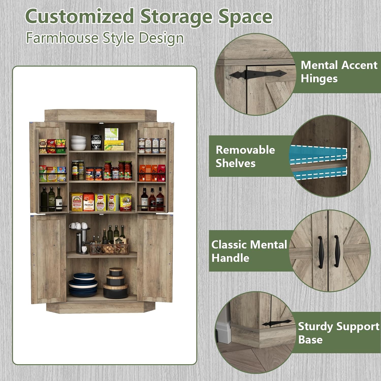 Gyfimoie Corner Cabinet,Kitchen Pantry Storage Cabinet,Freestanding Buffet Hutch with 4 Doors and Shelves,Tall Food Pantry Farmhouse Furniture with Side Rack for Kitchen Dining Room(Retro)