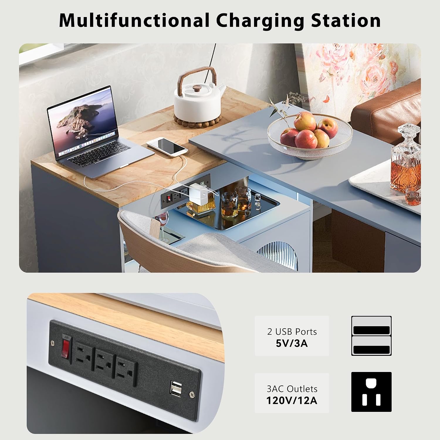 Rolling Kitchen Island Set with Extended Table LED Lights Power Outlets 2 Fluted Glass Doors a Storage Compartment, Side 3 Open Shelves for Dining Room Kitchens Living Room Grey Blue