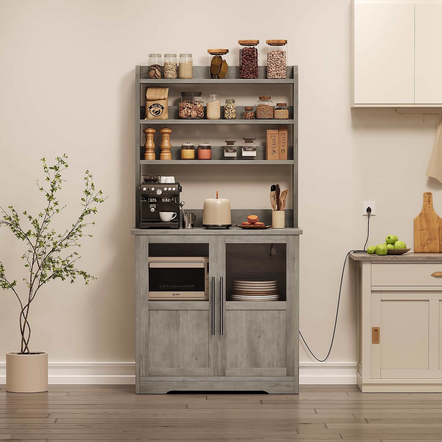 Bakers Rack with Storage Cabinet, Farmhouse Microwave Stand with Power Outlets & Glass Doors, Small Kitchen Bakers Rack with Thick Table Top, Coffee Bar Station, Retro Gray