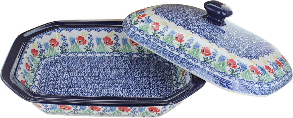 Blue Rose Polish Pottery - Blue Memory Garden Medium Covered Baker - 3 Cup Capcaity - Unique, Dishwasher Safe, & Durable Bakeware