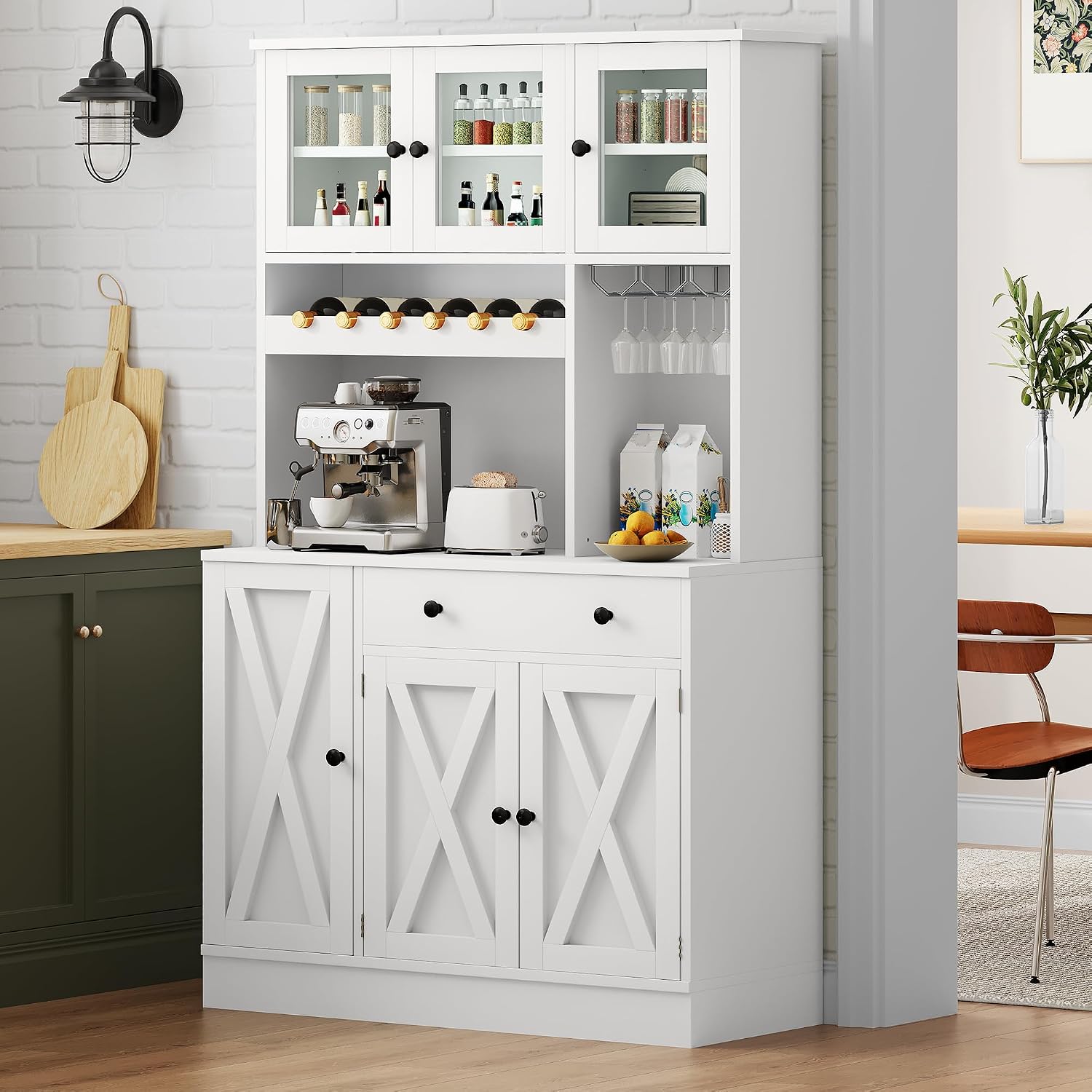 YITAHOME 71''H Kitchen Pantry Cabinet, Tall Cabinet with Drawer, Doors, Goblet Holder, Wine Rack & Power Outlet for Kitchen, Living Room (White)