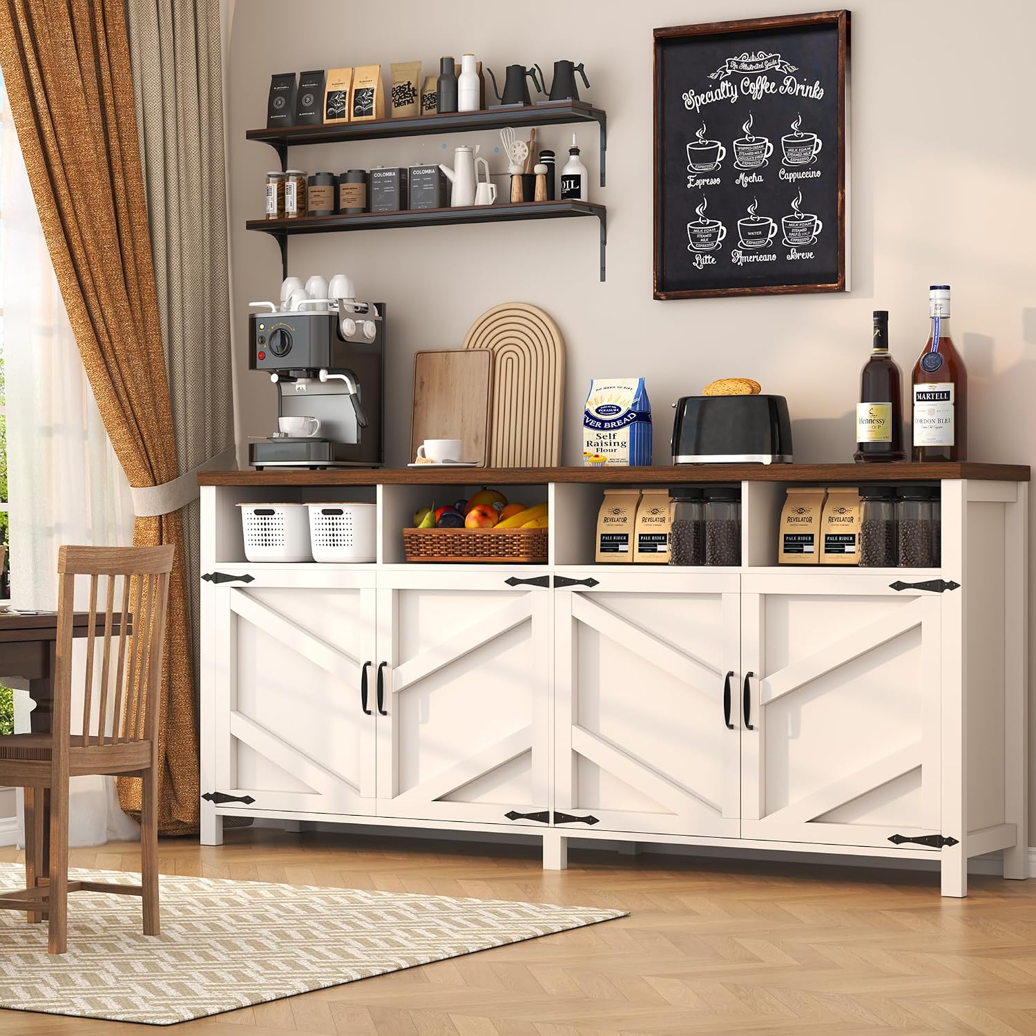 knoworld 63'' Buffet Sideboard with Storage Farmhouse with 4 Doors, Large Kitchen Storage Cabinet Wood Coffee Bar Cabinet Buffet Table with Shelves for Kitchen, Dining Room, Entryway