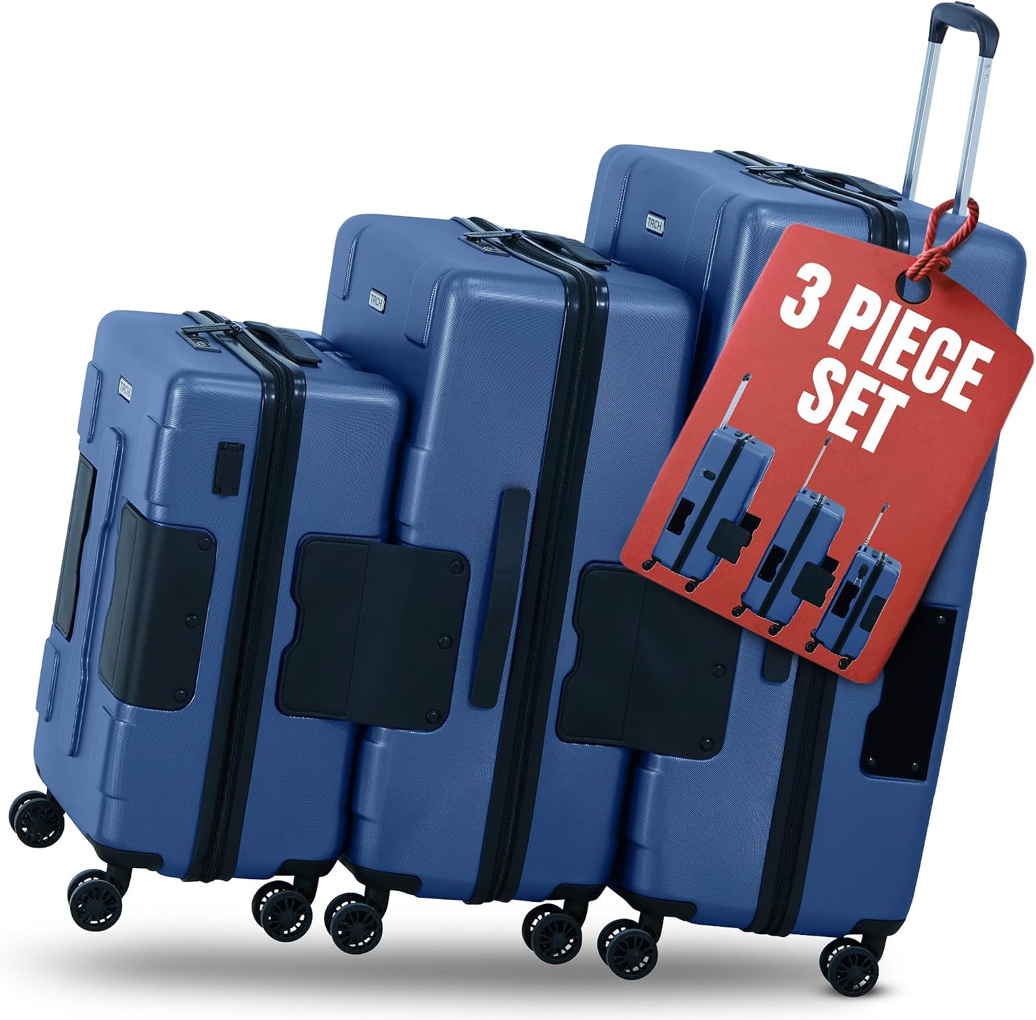 TACH Patented Connecting Hard Shell 3 Piece Luggage Set - 20, 24 & 28 inch Luggage | Carry-On, Medium & Large Rolling Suitcases - Midnight Blue