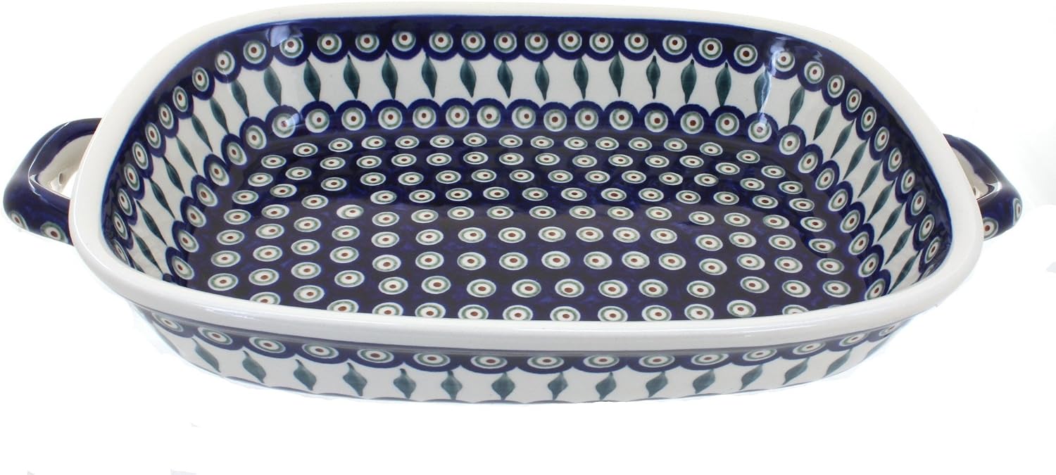 Blue Rose Polish Pottery - Blue Peacock Large Baker with Handles - 14.5' x 10.75' - Unique, Dishwasher Safe, & Durable Bakeware